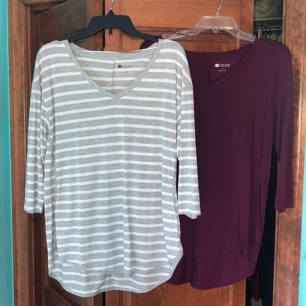 Plum and grey & white stripped high-lo tees